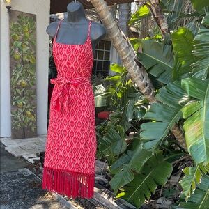 Shore fringe block, print slip style dress